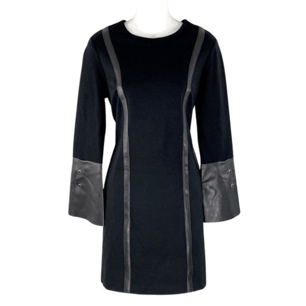 Drew black faux leather trim bell sleeve dress